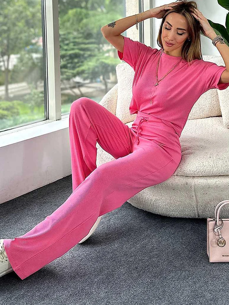 Top Trends: 2024 Spring Women's Pajamas Set Ribbed Wide Leg Trousers Suits With T-shirt Tracksuit Two-piece Sets Knitted Home Suit For Women Shoppable Styles