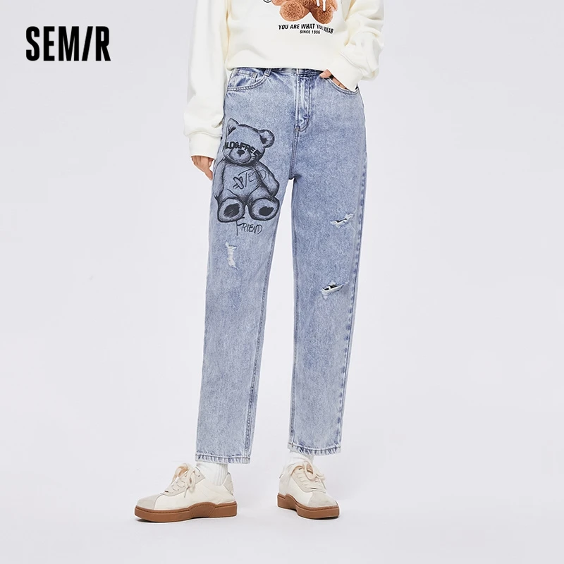 Top Trends: Semir Jeans Women Blue Design Bear Trousers 2022 Autumn New Cotton Frayed Loose Tapered Demin Pants Shoppable Styles