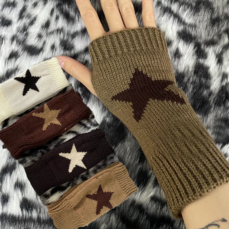 Top Trends: Y2K Punk Star Knitted Woolen Gloves Fashion Men Women Pentagram Half Finger Warm Soft Mitten Five Pointed Star Fingerless Gloves Shoppable Styles