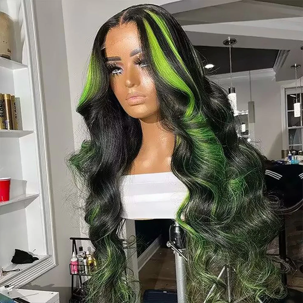 Top Trends: Highlight 13x4 Synthetic Lace Front Wig For Women Black And Green Body Wave Lace Closure Wig Green Ombre Pre Plucked Wig Shoppable Styles