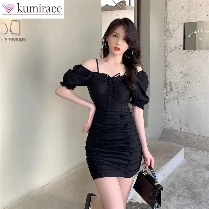 Top Trends: Summer 2022 New Korean Style Bubble Sleeve Pleated Drawstring Slim Dress Elegant Women's Club Party Dress Sexy Robe Shoppable Styles