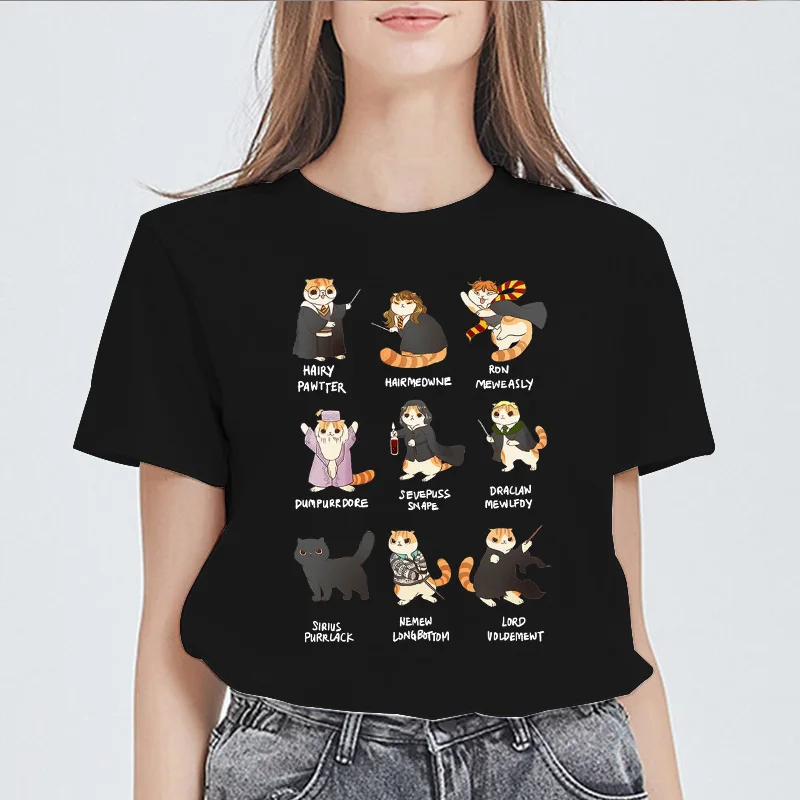 Top Trends: New Womens Black T Shirt Casual Round Neck Tshirt Femme Tops Potter Cats Printed 90s Graphics Kawaii Clothing Ladies T-shirt Shoppable Styles