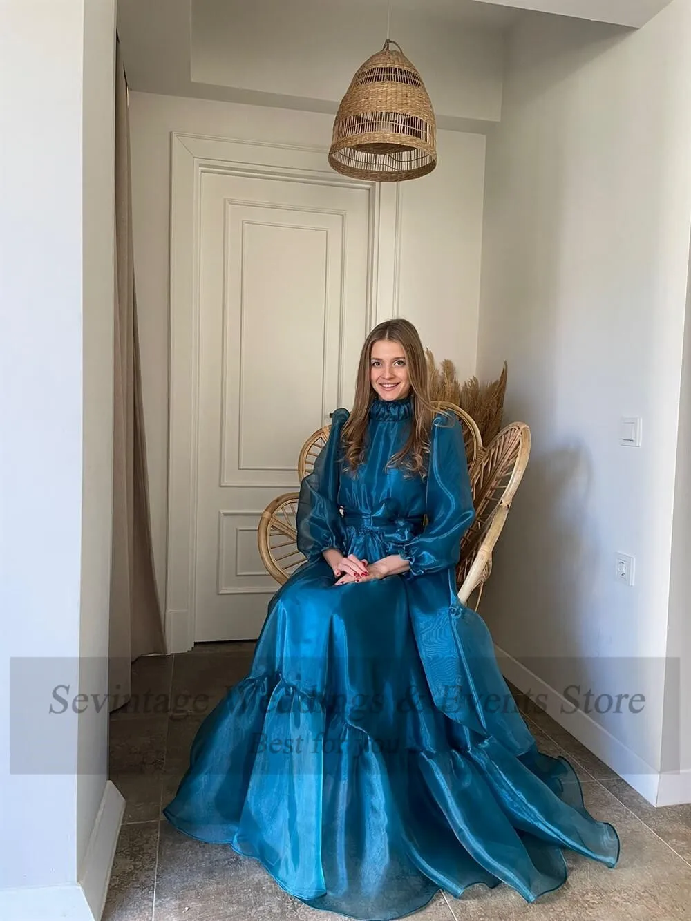 Top Trends: Sevintage Teal Blue Organza Prom Dresses Puff Lined Long Sleeves Wedding Party Dress High Neck Ankle Length Women Evening Gowns Shoppable Styles - Image 5