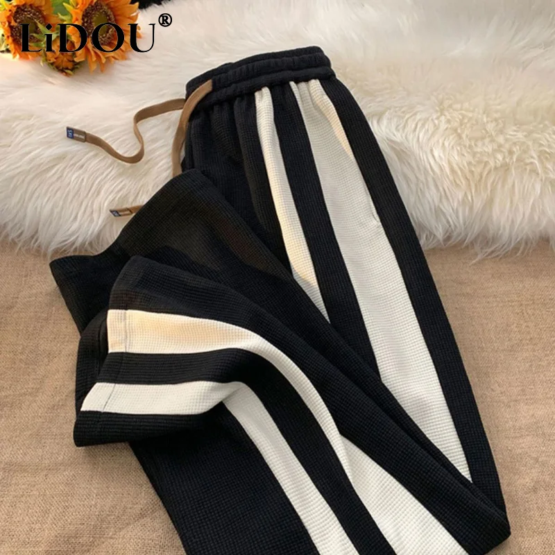 Top Trends: 2023 Spring Summer Contrast Color Elastic Waist Wide Leg Trousers Woman Casual Drawstring Pockets Street Motion Straight Pants Shoppable Styles