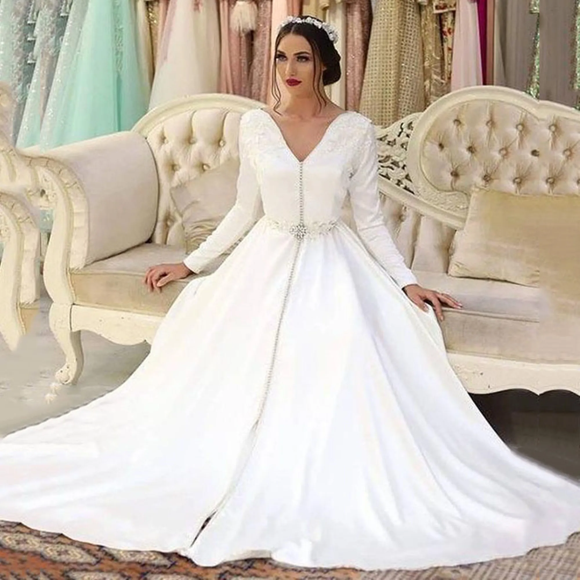 Top Trends: White Satin Caftan Morocca Evening Dress Long Sleeves Appliques Button Islamic Dubai Saudi Arabic Evening Dress Abaya Prom Dress Shoppable Styles