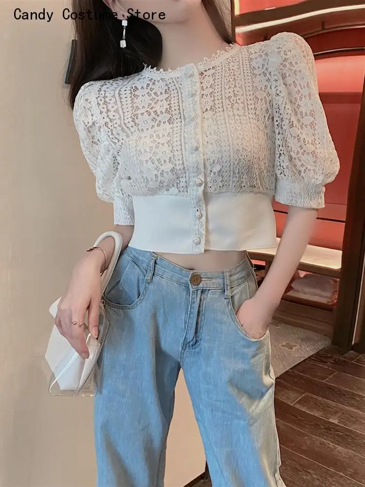 Top Trends: Out Shirt Vintage Puff Sleeve Korean Women Shirts Fashion Chic Tops Crochet Top Blouse Women Sexy Hollow Shoppable Styles - Image 3