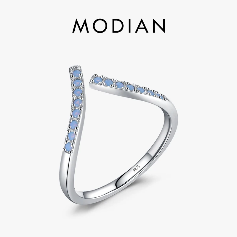 Top Trends: Modian 925 Sterling Silver Simple Geometric Blue Opal Adjustable Ring For Women Pave Setting Exquisite Wedding Fine Jewelry Gift Shoppable Styles