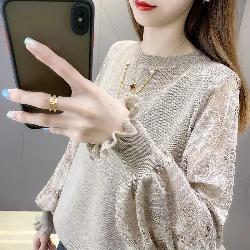 Top Trends: Fashion Lantern Sleeve Spliced Lace Hollow Out Sweaters Female Clothing 2022 Autumn Casual Pullovers Tops Loose Korean Sweater Shoppable Styles