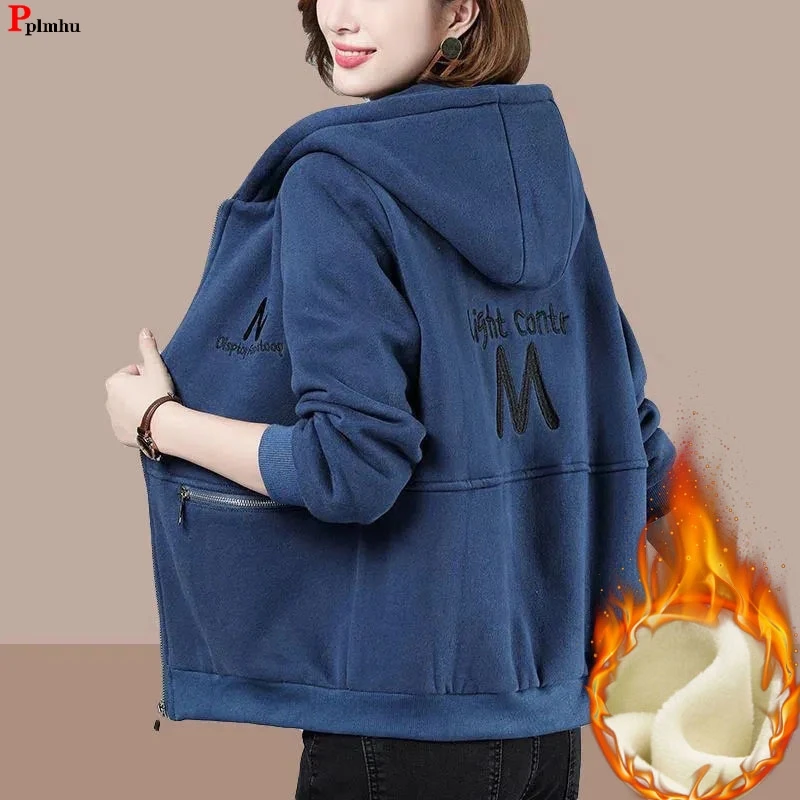 Top Trends: Winter Hooded Warm Add Velvet Sweatshirt Coat Thicken Loose Jacket Embroidery Casual Tops Outwears Woman Fashion Casaco New Shoppable Styles