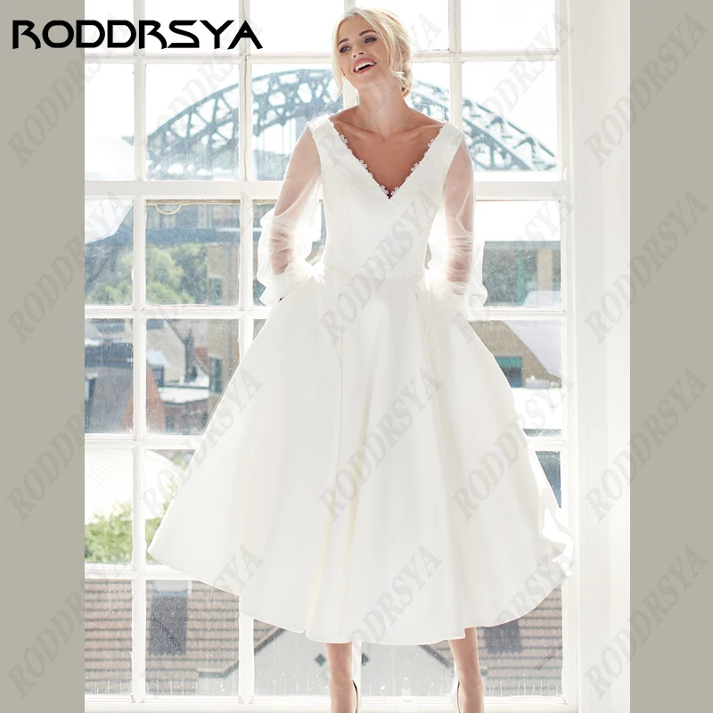 Top Trends: RODDRSYA Simple A-Line V-Neck Wedding Dress Soft Satin Short Bridal Gowns Insertable Pocket Button Backless Evlilik Elbisesi Shoppable Styles