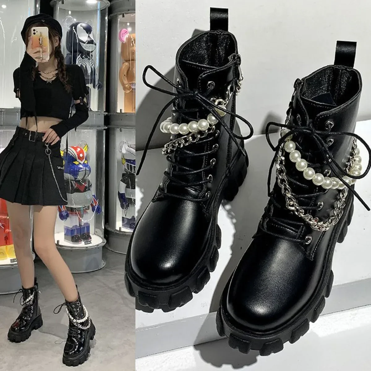 Top Trends: Women's Ankle Boots Autumn 2024 Fashion PU Leather Pearl Chain Platform Black Booties Punk British Style Casual Shoes For Ladies Shoppable Styles - Image 5