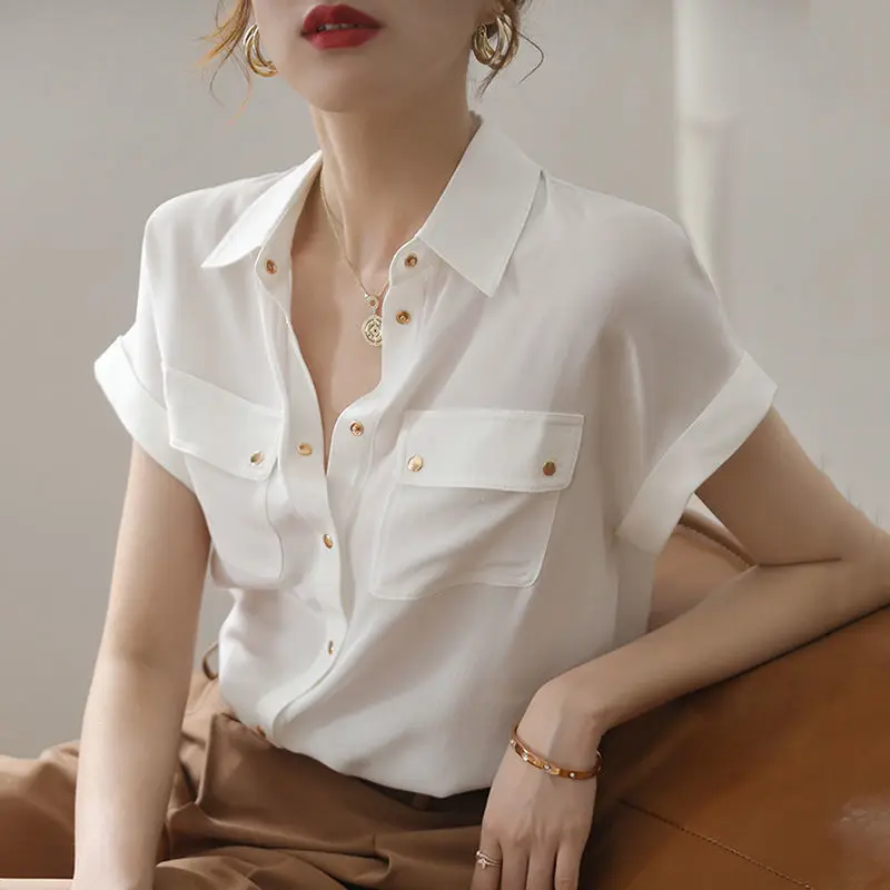 Top Trends: Chiffon White Shirt Tops Ladies Summer 2023 New Thin Short Sleeve Loose Solid Color Blouse Simplicity Fashion Women Clothing Shoppable Styles