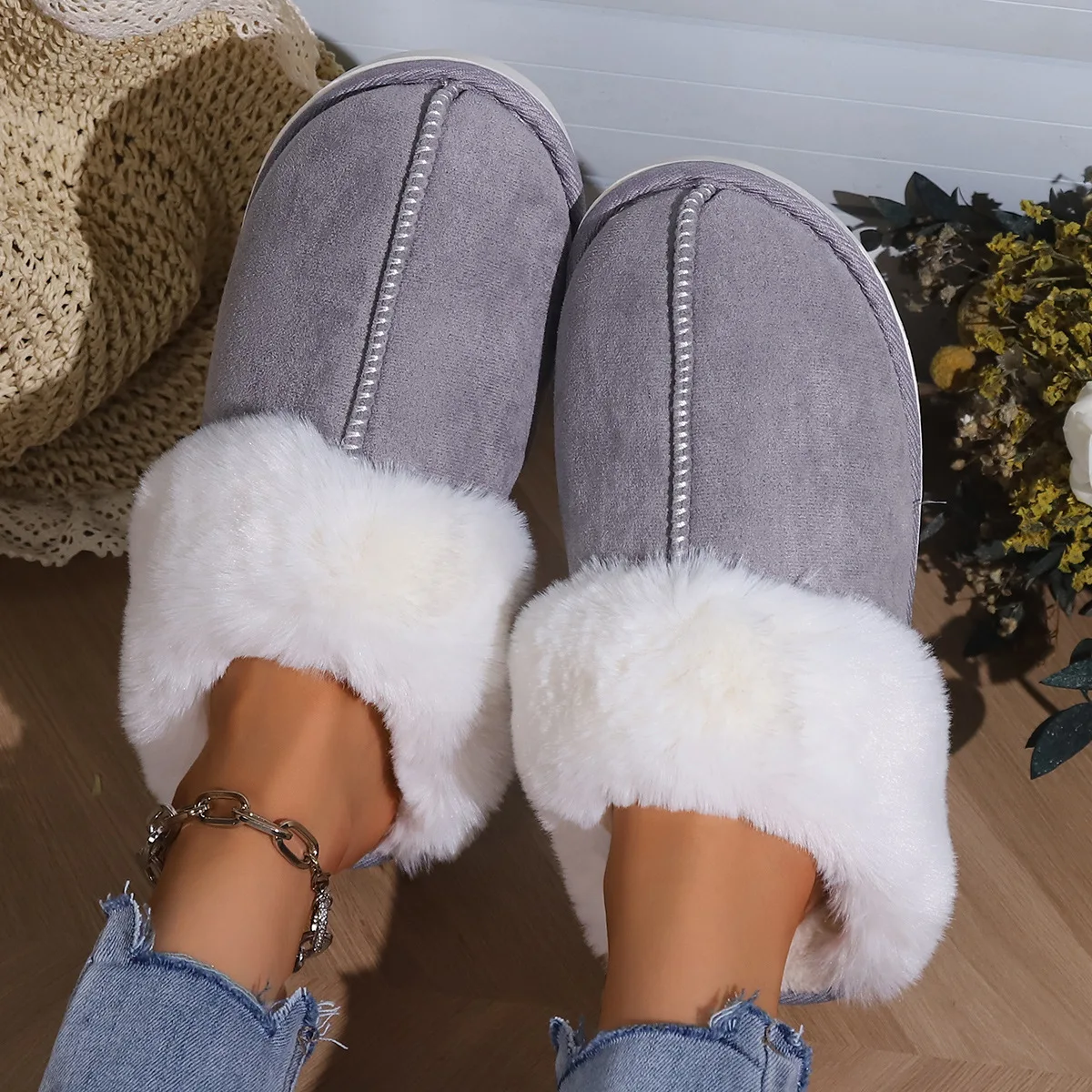 Top Trends: 2023 Winter Fur Slippers Faux Indoor Bedroom Floor Home Couple Shoes Warm Faux Suede Plush Couple Cotton Home Fluffy Slippers Shoppable Styles