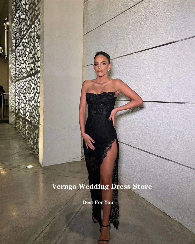 Top Trends: Verngo Black Strapless Lace Evening Dresses Split Arabic Dubai Night Party Formal Prom Gowns Night Event Dress Robe De Soiree Shoppable Styles