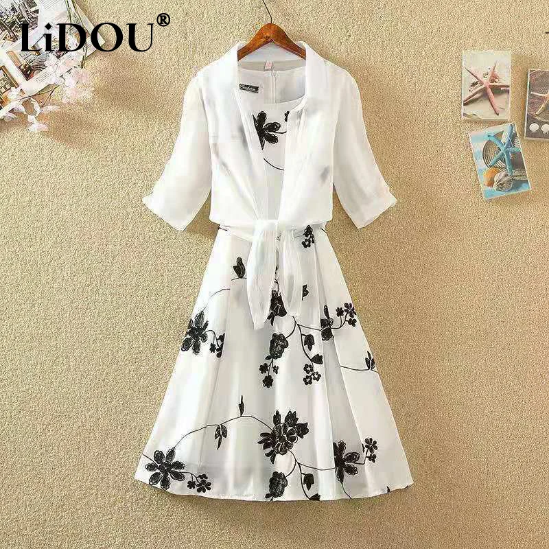 Top Trends: Summer Fashion Floral Printing Elegant Tank Dress White Lace Up Shirt Set Ladies Sleeveless Waist Vestidos Women&#039;s Casual Robe Shoppable Styles