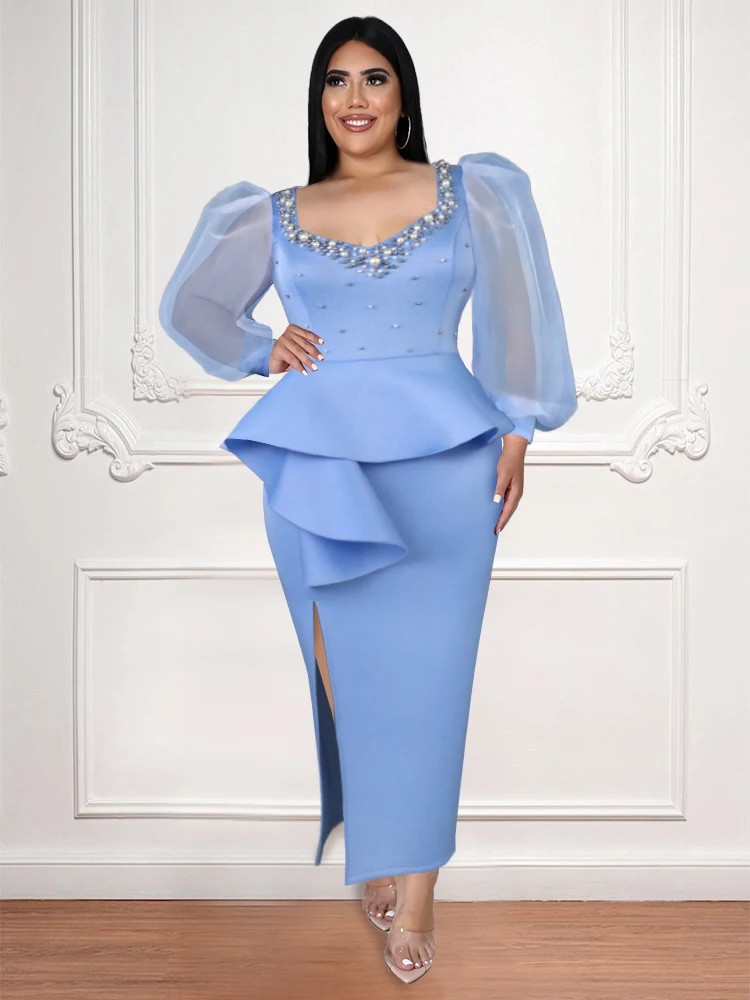 Top Trends: Plus Size Party Dress Curvy Women Long Puff Tulle Sleeve Beading Peplum Evening Birthday 4XL Outfits For Ladies Event Occasion Shoppable Styles