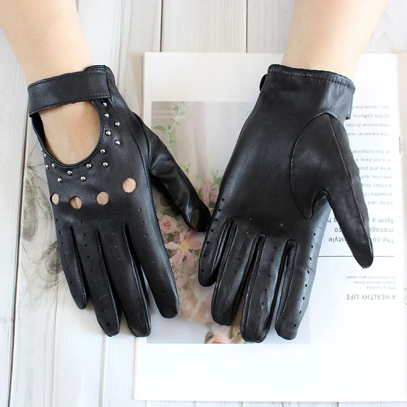 Top Trends: Goatskin Driving Driver Leather Gloves Women's Thin Outdoor Motorcycle Riding Fashion Hollow Rivet Spring Summer Shoppable Styles - Image 2