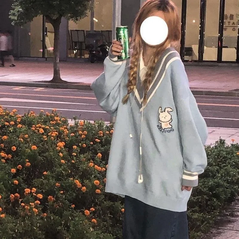 Top Trends: Deeptown Kawaii Cute Rabbit Blue Sweater Women Preppy Fashion Oversize Japanese Style Sweet School Girly Jumper Female Korean Shoppable Styles