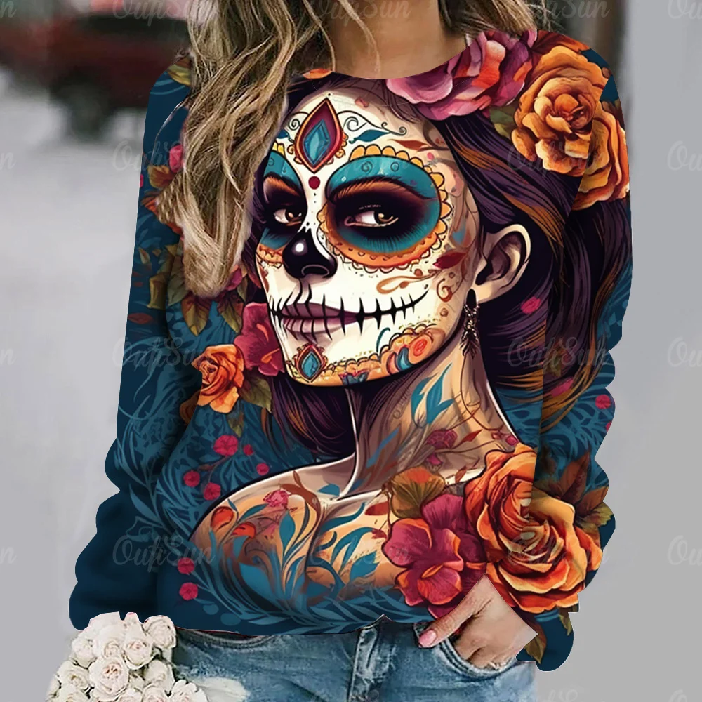 Top Trends: Funny Face Women's Sweater 3D Skull Print Long Sleeve T-Shirt Streetwear Retro Pullover Casual O Neck Autumn Clothing T Shirts Shoppable Styles