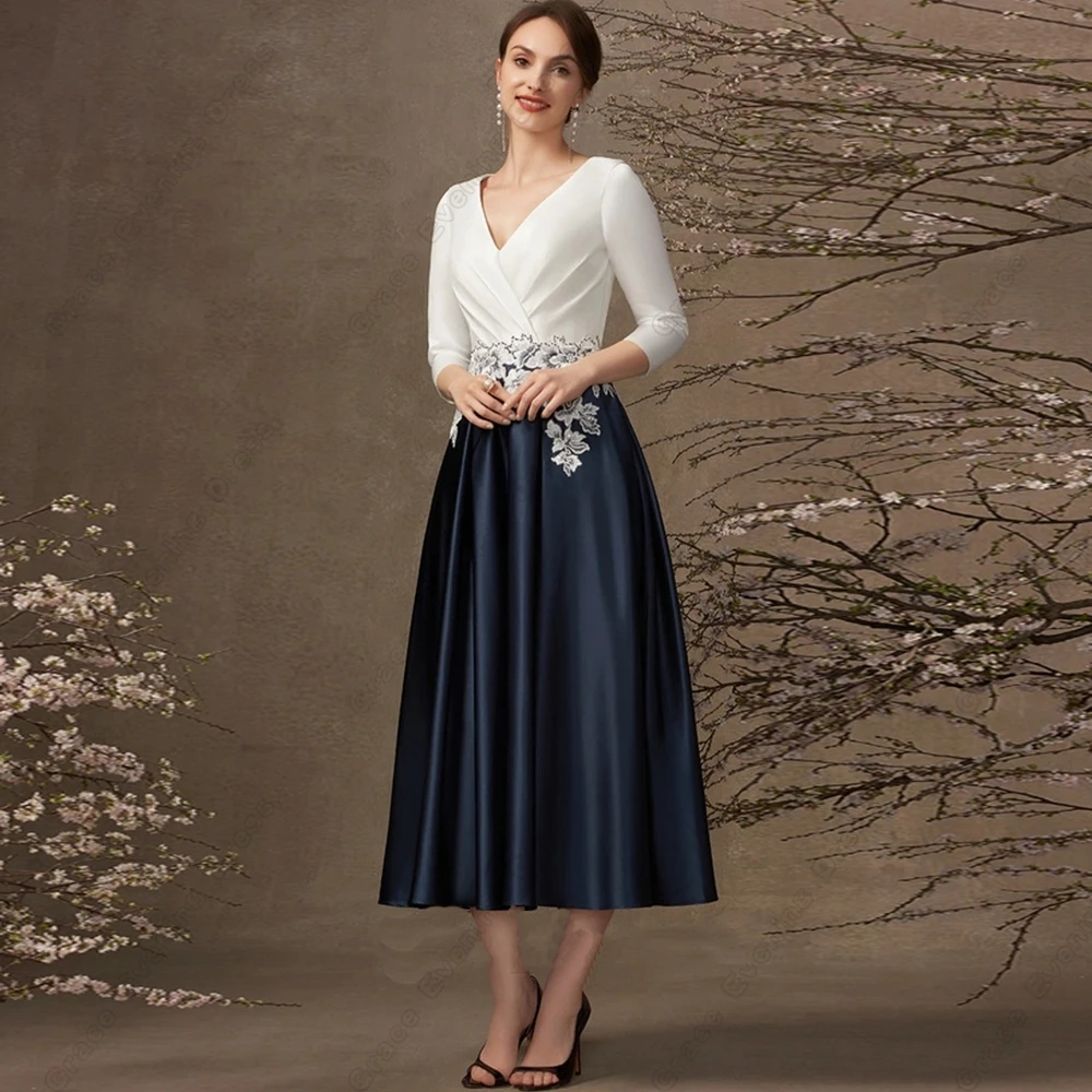 Top Trends: Three Quarter Mother Of Bride Dresses With Lace Tea Length Wedding Party Gown Pleat Satin Vestido De Noche 2023 Summer New Shoppable Styles