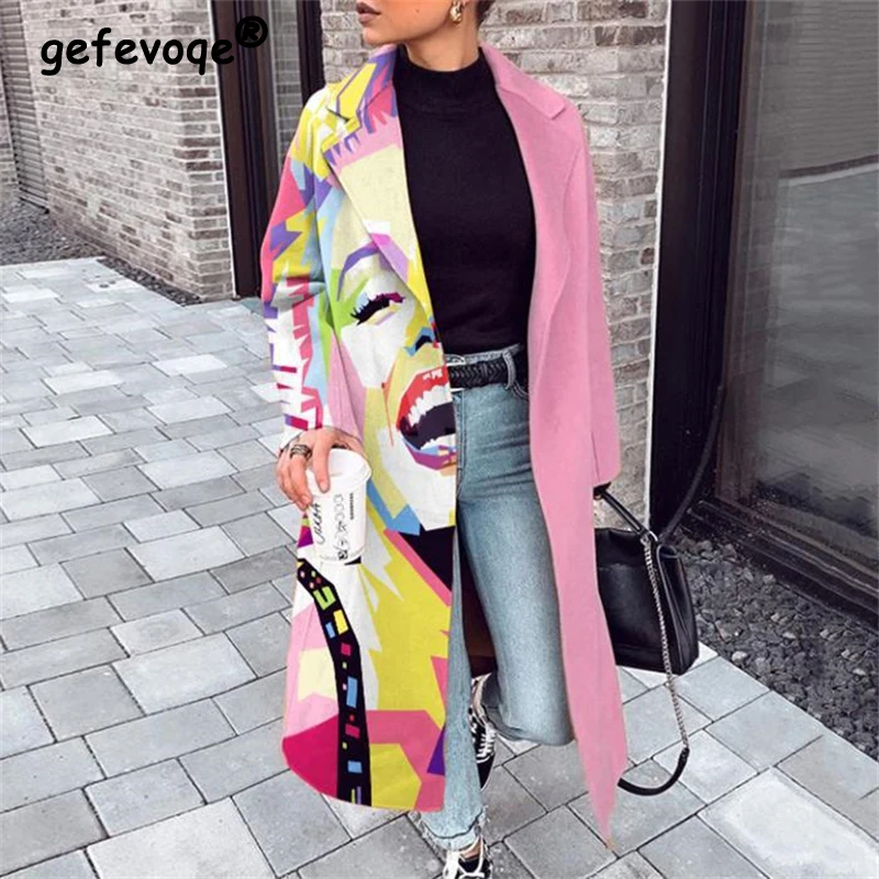 Top Trends: 2023 Winter Trendy Abstract Print Oversized Harajuku Y2K Streetwear Mid Length Woolen Coat Elegant Long Sleeve Outerwear Jackets Shoppable Styles