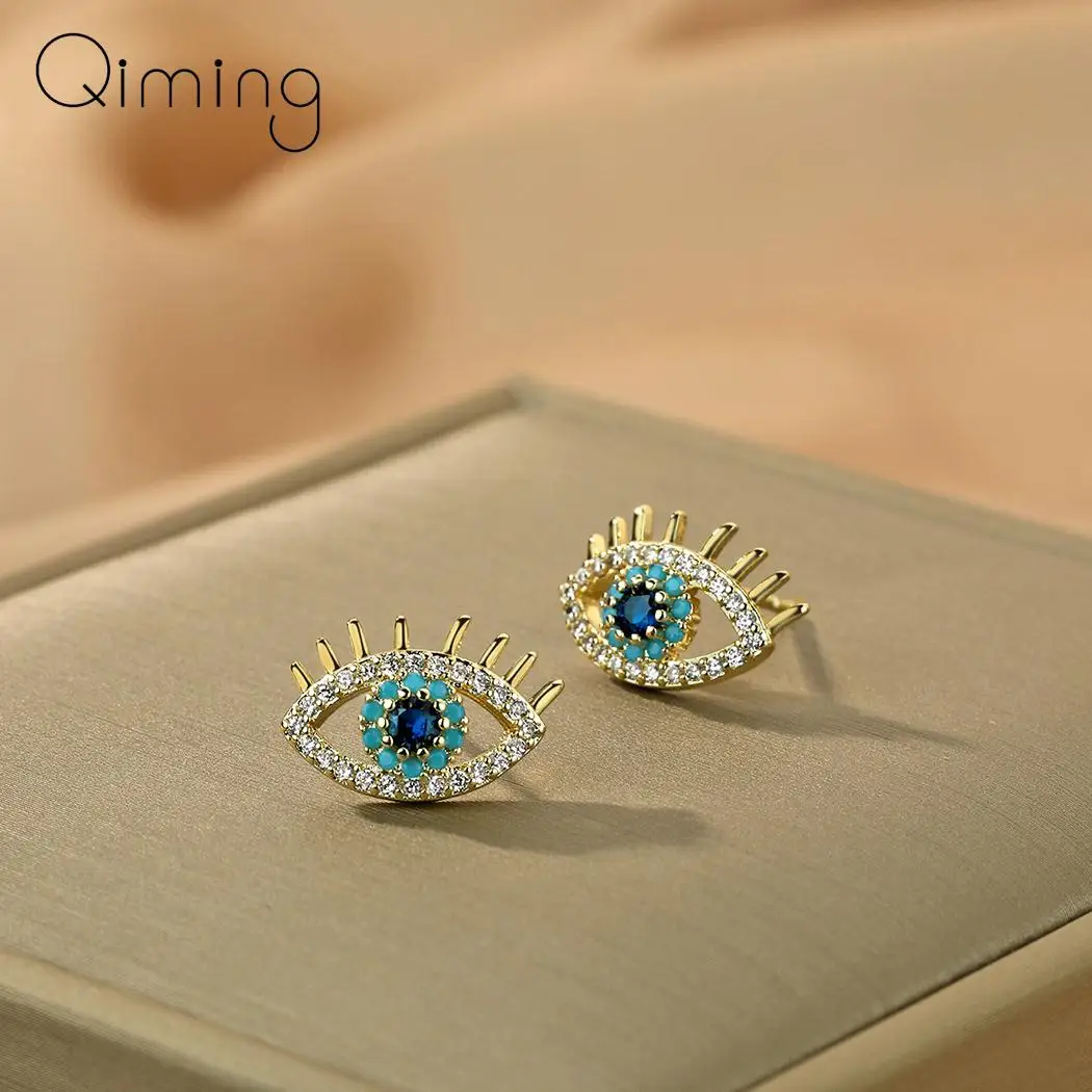 Top Trends: Blue Zircon Evil Eye Stud Earrings For Women Punk Turkey Jewelry Vintage Post Earrings Party Gift Shoppable Styles