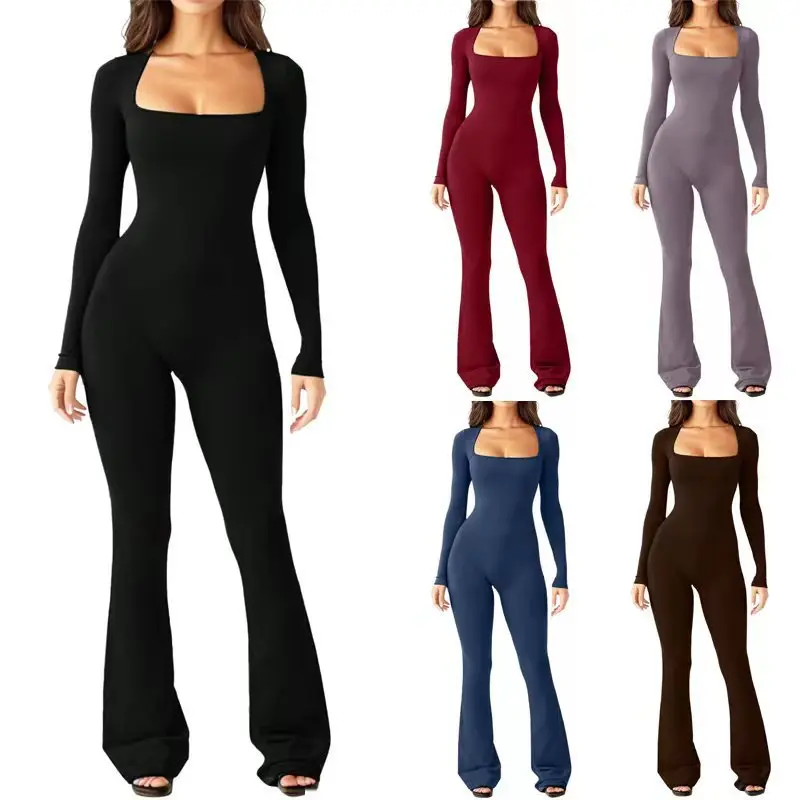 Top Trends: Women&#039;s Thigh-high Jumpsuit Long-sleeved Flare Pants Solid Square-neck Jumpsuits Bodycon Romper High Waist Wide Leg Playsuit Shoppable Styles