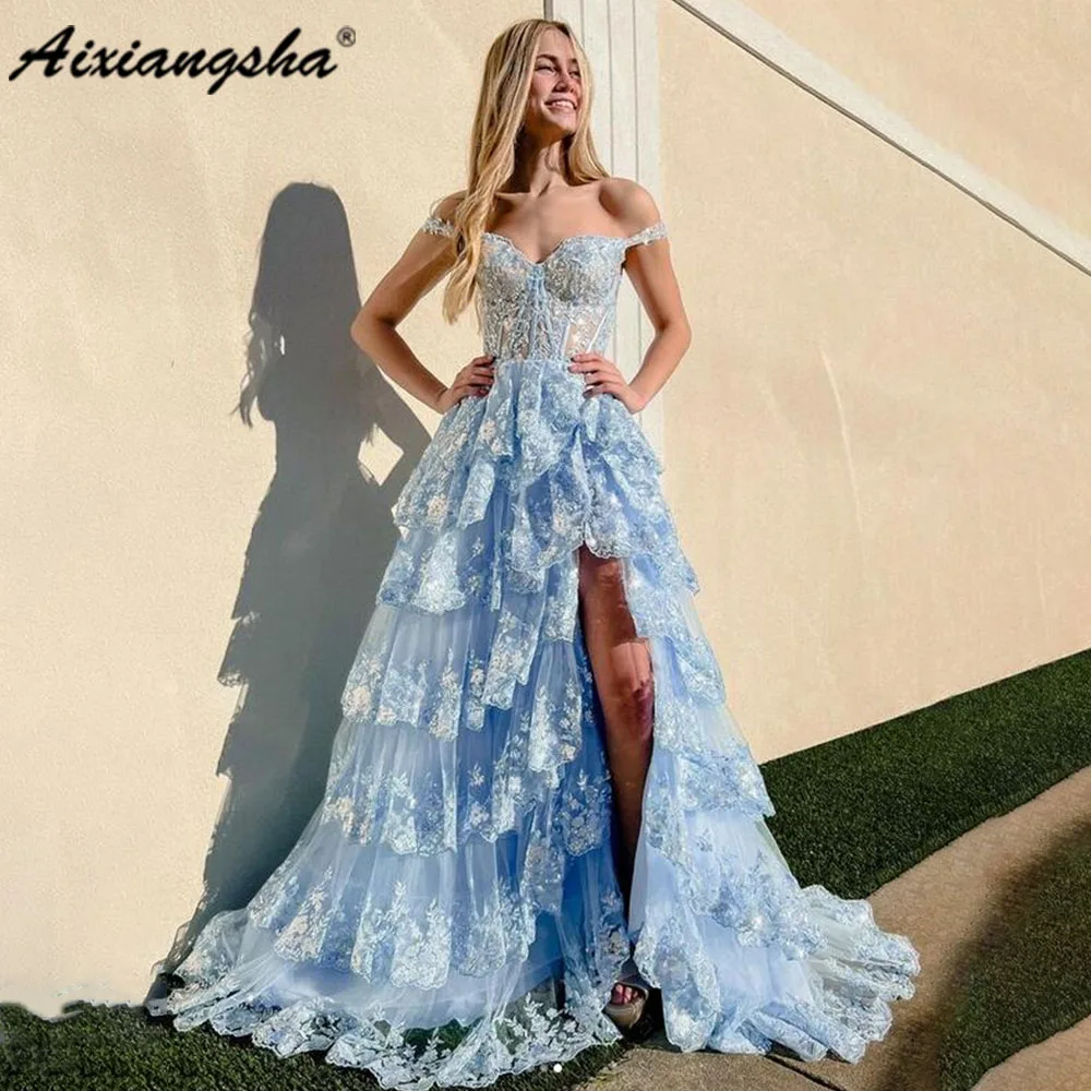 Top Trends: Aixiangsha Off The Shoulder High Slit Prom Dress Sequin Evening Dress Appliques Vestidos De Noche فساتين السهر For Women Custom Shoppable Styles