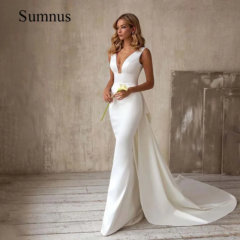 Top Trends: Sumnus Simple Satin Mermaid Wedding Dress V-neck Detachable Train Sleeveless Bride Gown 2024 Summer Robe De Novia Shoppable Styles