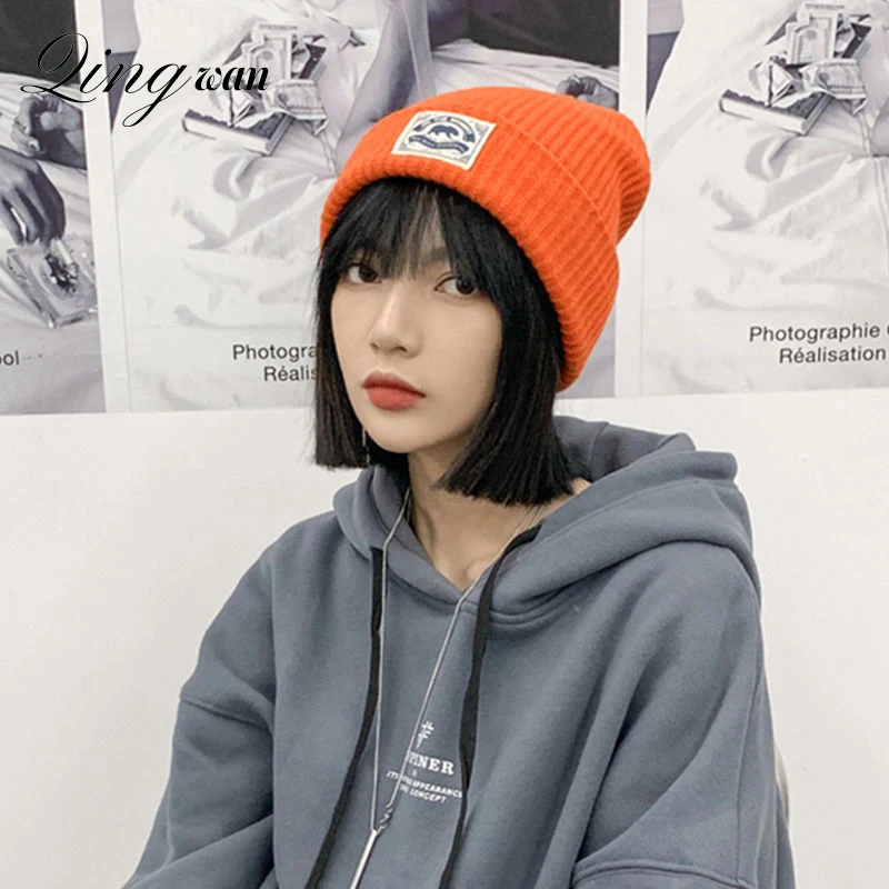 Top Trends: Japanese Knitted Warm Orange Beanie Hat For Women And Men Kpop Ins Autumn / Winter Woolen Solid Label Pullover Hat Shoppable Styles