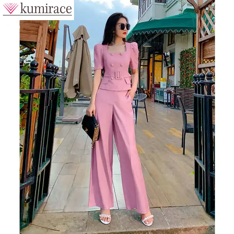 Top Trends: Belt Decorative Short Sleeve Jacket Blazer Casual Wide Leg Pants Two Piece Elegant Women's Pants Suit Office Outfits Pink Set Shoppable Styles