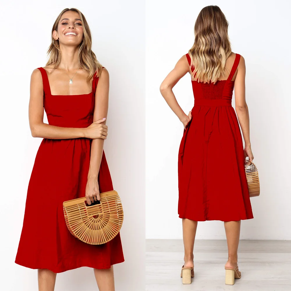 Top Trends: Casual Simple Solid Sundress Women High Waist Sleeveless Slash Neck Midi A-line Dress Oversized White Black Red Long Dresses Shoppable Styles