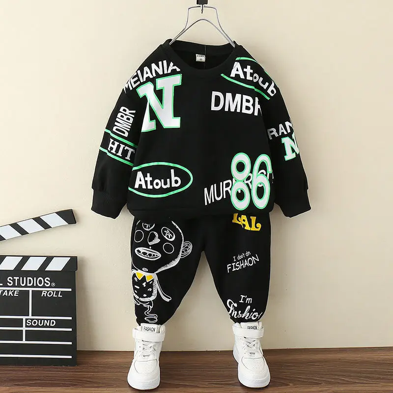 Top Trends: Baby Boys Letter Printed Sweater Trousers Set Autumn Children Hooded Outerwear Tops Pants 2PCS Outfits Kids Costume Suit Shoppable Styles