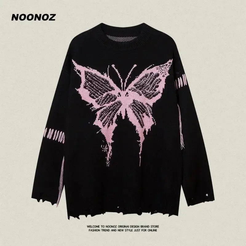 Top Trends: High Street American Butterfly Jacquard Hole Round Neck Sweater For Men And Women In Autumn And Winter Lazy Oversize Couple Top Shoppable Styles