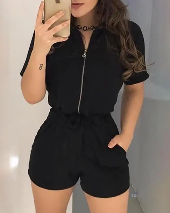 Top Trends: Jumpsuit Women 2023 Summer Fashion Short Sleeve Casual Turn-Down Collar Plain Zipper Pocket Design Daily Romper Y2K Streetwear Shoppable Styles