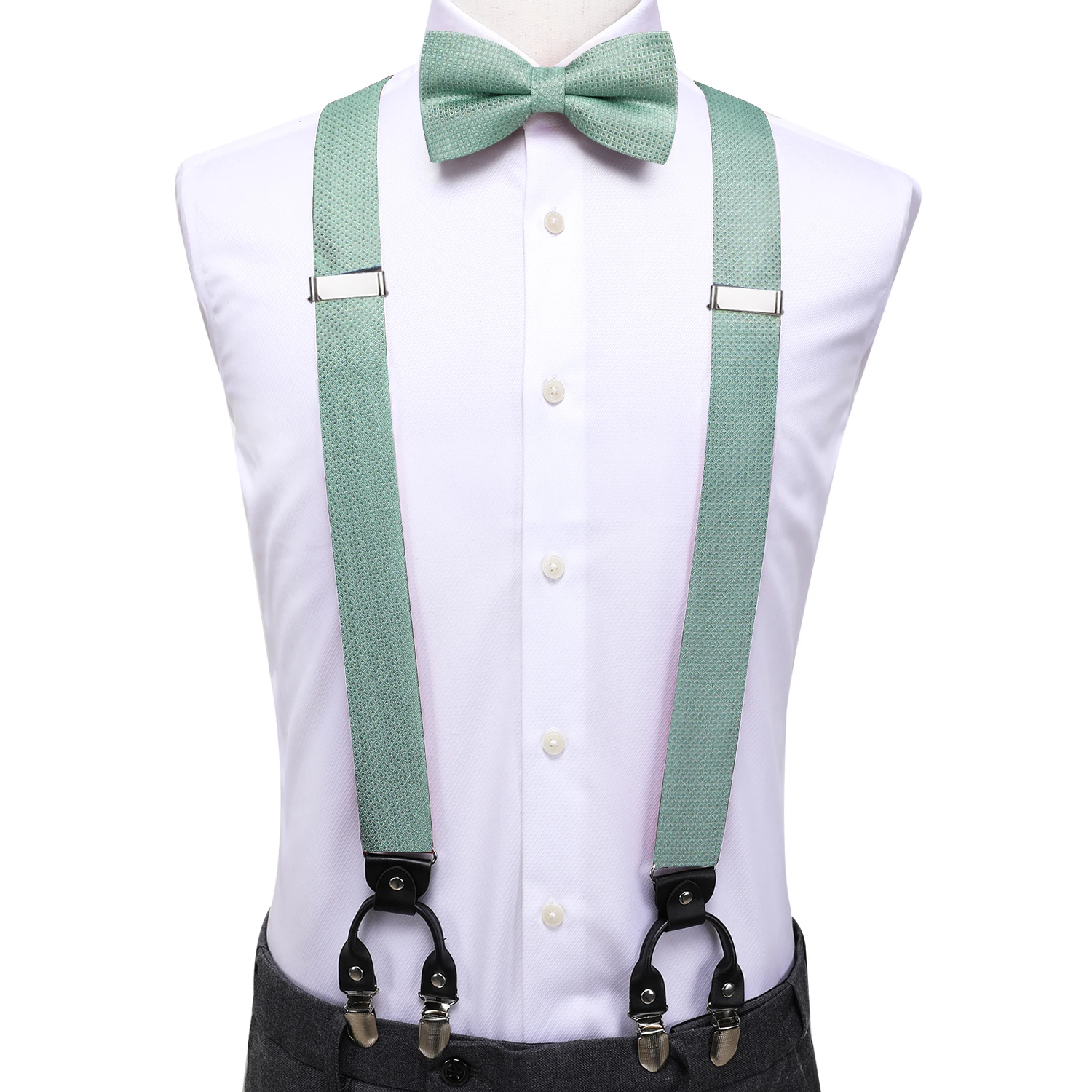 Top Trends: Hi-Tie Vintage Silk Mens Suspender Fashion Sage Green Suspender Bow Tie Set Leather Metal 6 Clips Suspender Braces Wholesale Shoppable Styles