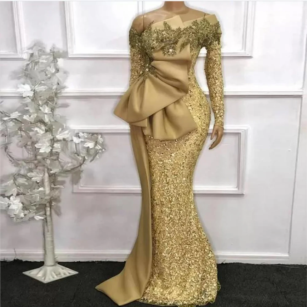 Top Trends: 2024 Lace Mermaid Evening Dresses Women&#039;s Plus Size Glitter Gold Sequins Long Sleeves Beaded Prom Party Gowns Robe De Soiree فسا Shoppable Styles