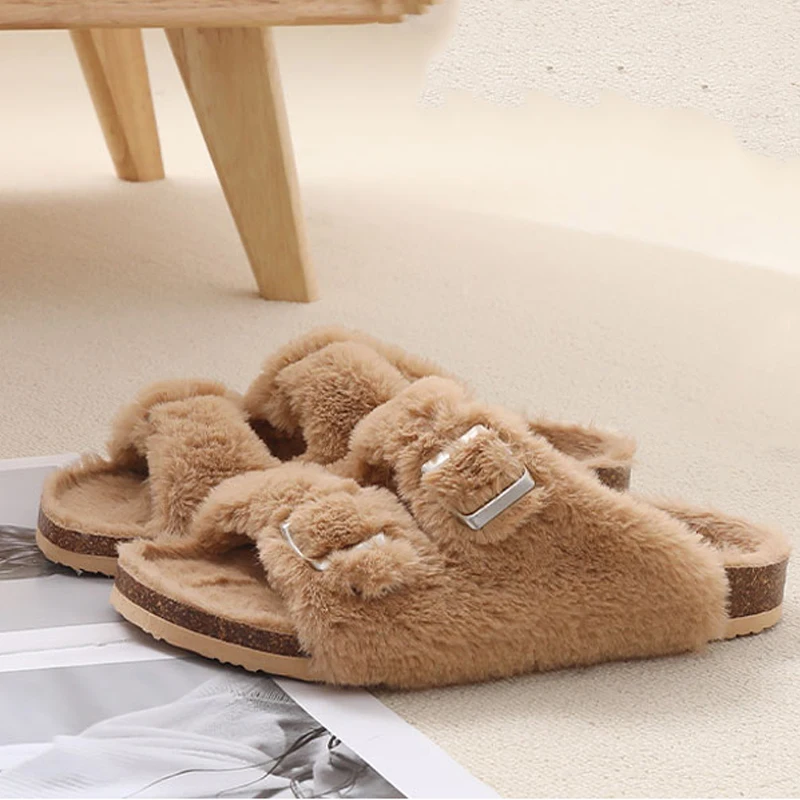 Top Trends: Litfun Furry Cork Slippers Women Winter Fluffy Slides Sandals Open Toe House Slippers With Arch Support Adjustable Buckle Shoes Shoppable Styles