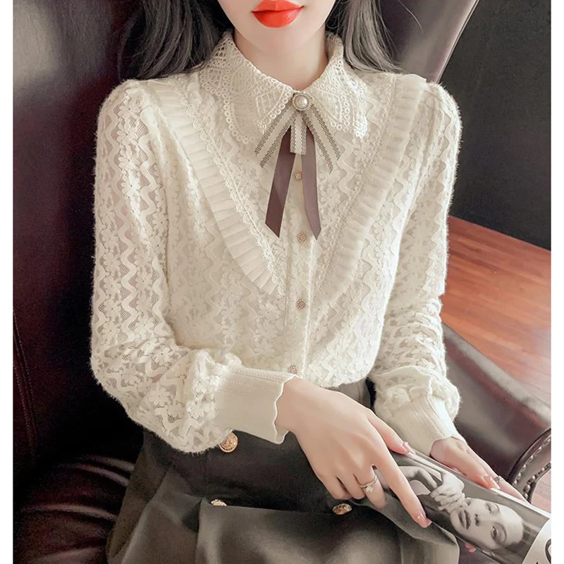 Top Trends: Elegant Lapel Hollow Out Lace Ruffles Bow Shirts Women's Clothing 2023 Autumn Winter Loose Korean Tops Office Lady Blouses Shoppable Styles