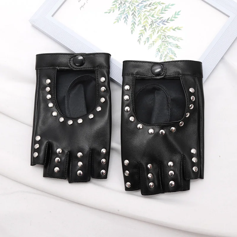 Top Trends: 1pair Women Men Fingerless Gloves With Studs Pu Leather Motorbike Riding Gloves Cool Rivets Dance Gloves Motorcycle Accessories Shoppable Styles - Image 3