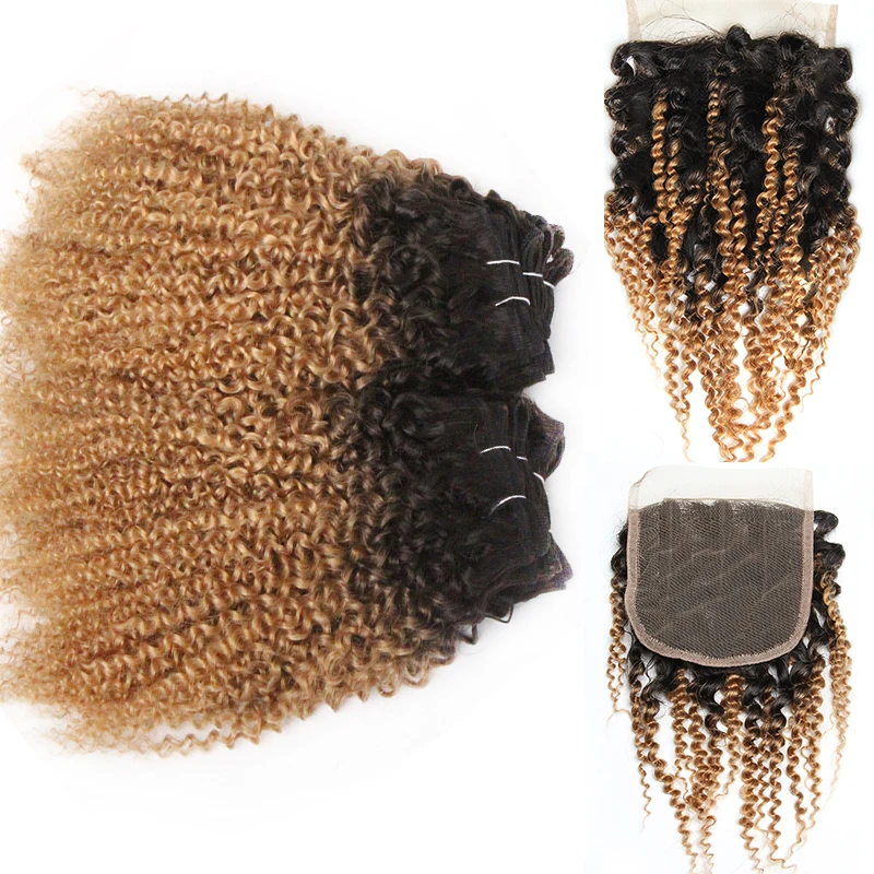 Top Trends: Brazilian Kinky Curly Bundles With Closure Ombre Curly Human Hair Bundles With 4*4 Lace Colored T1b 30 27 Human Hair Bundles Shoppable Styles