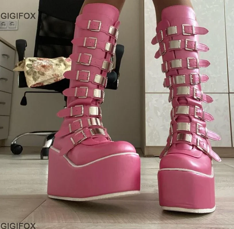 Top Trends: GIGIFOX Brand Design Fashion Goth Street Cool Wedges Shoes Winter Plus Size 43 Pink Chunky Platform Motorcycles Boots Women Shoppable Styles