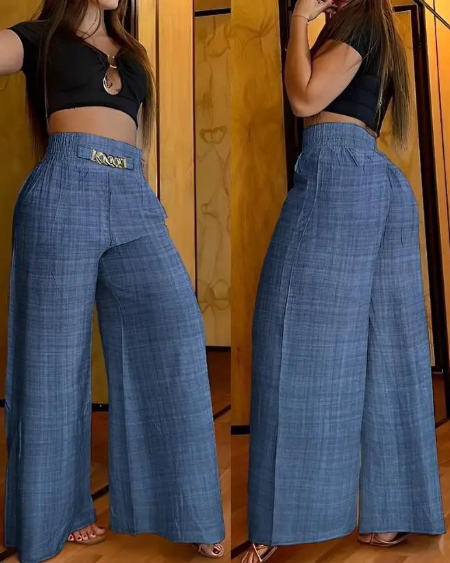 Top Trends: Women Pants 2023 Summer Fashion Chain Decor High Casual Plain Pocket Design Waist Wide Leg Daily Vacation Long Pants Streetwear Shoppable Styles