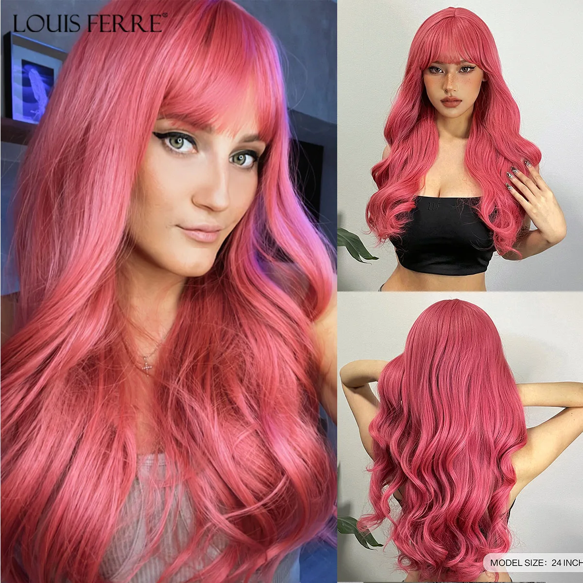 Top Trends: LOUIS FERRE Long Wavy Pink Synthetic Wigs With Bangs For Women Hot Pink Curly Heat Resistant Hair Wig For Cosplay Halloween Use Shoppable Styles