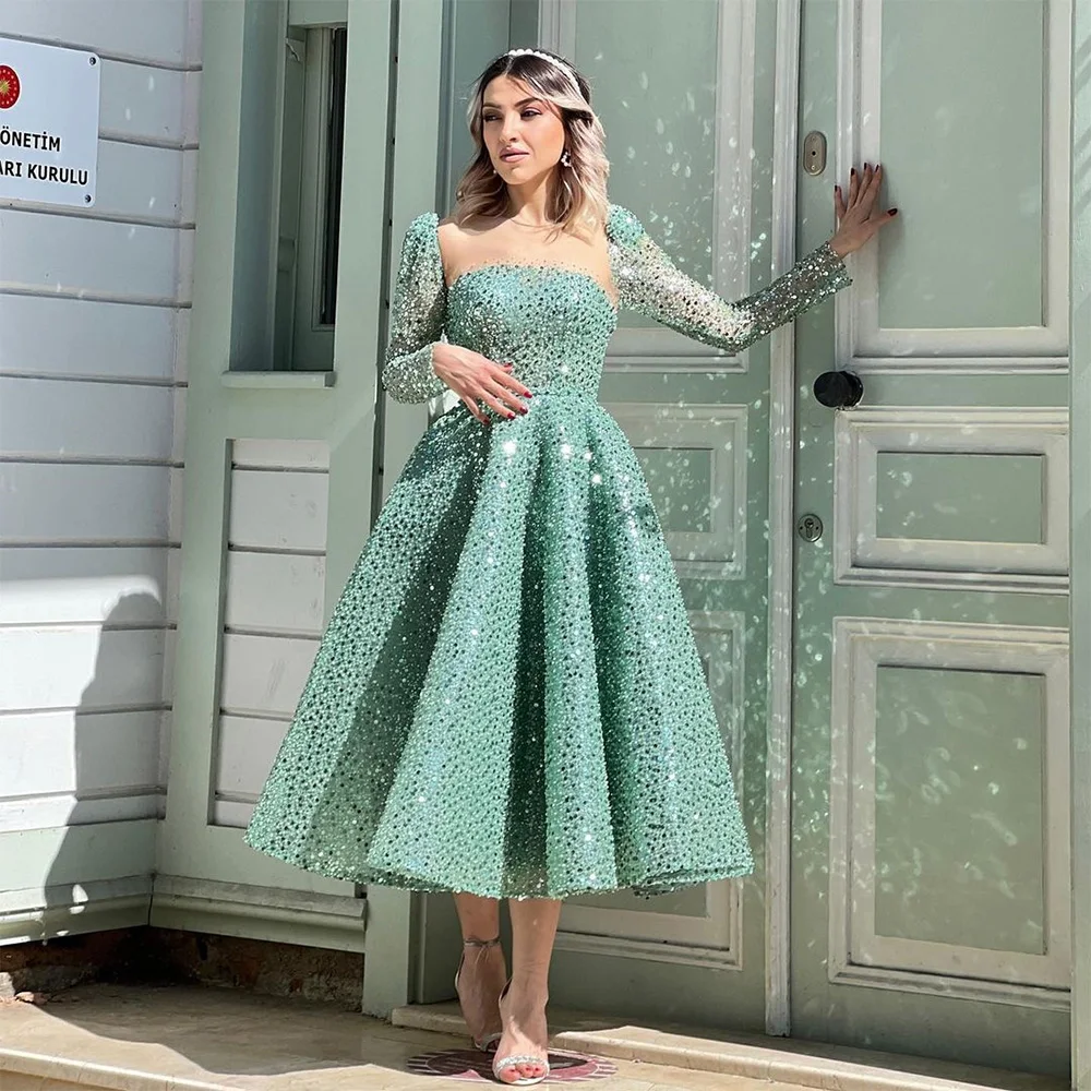 Top Trends: Sevintage Modest Turquoise Sequined Beading Pearls Prom Dresses Long Sleeves A-Line Arabic Muslim Evening Dress Engagement Gowns Shoppable Styles