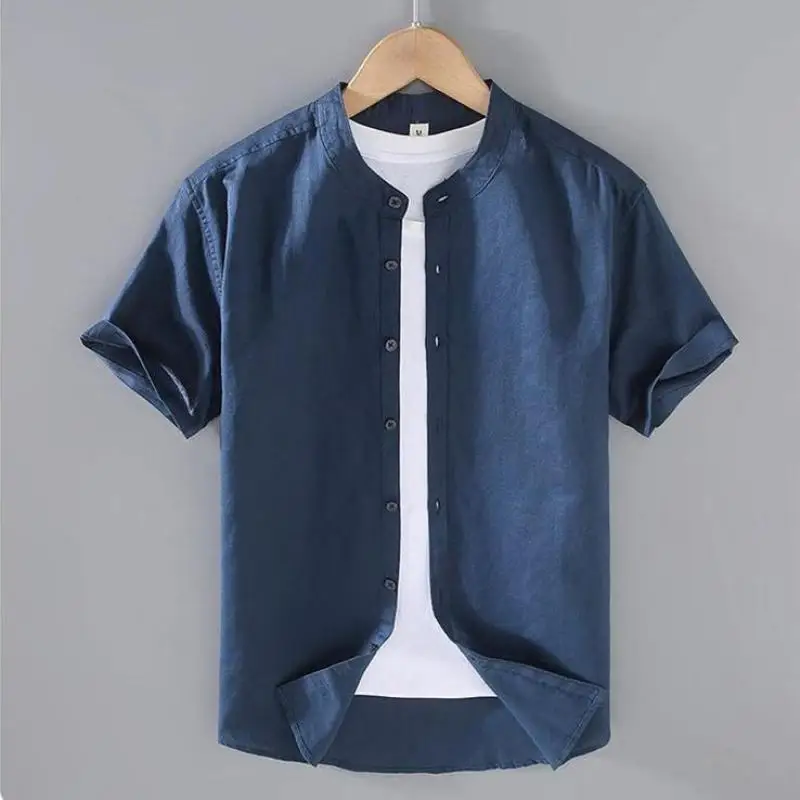 Top Trends: Cotton Linen Hot Sale Men's Short-Sleeved Shirts Summer Streetwear Plain Color Stand Collar Casual Beach Style Plus Size M-3XL Shoppable Styles - Image 4