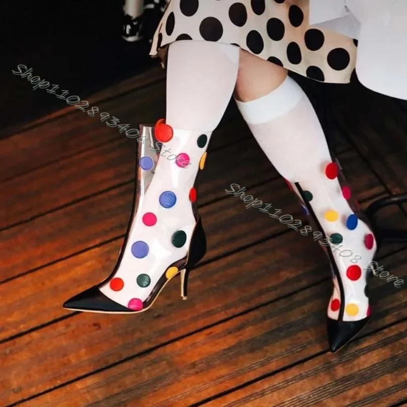 Top Trends: Clear PVC Mixed Color Dots Boots Print Splicing Pointed Toe Stiletto High Heels Women Concise Party Shoes Zapatos Para Mujere Shoppable Styles