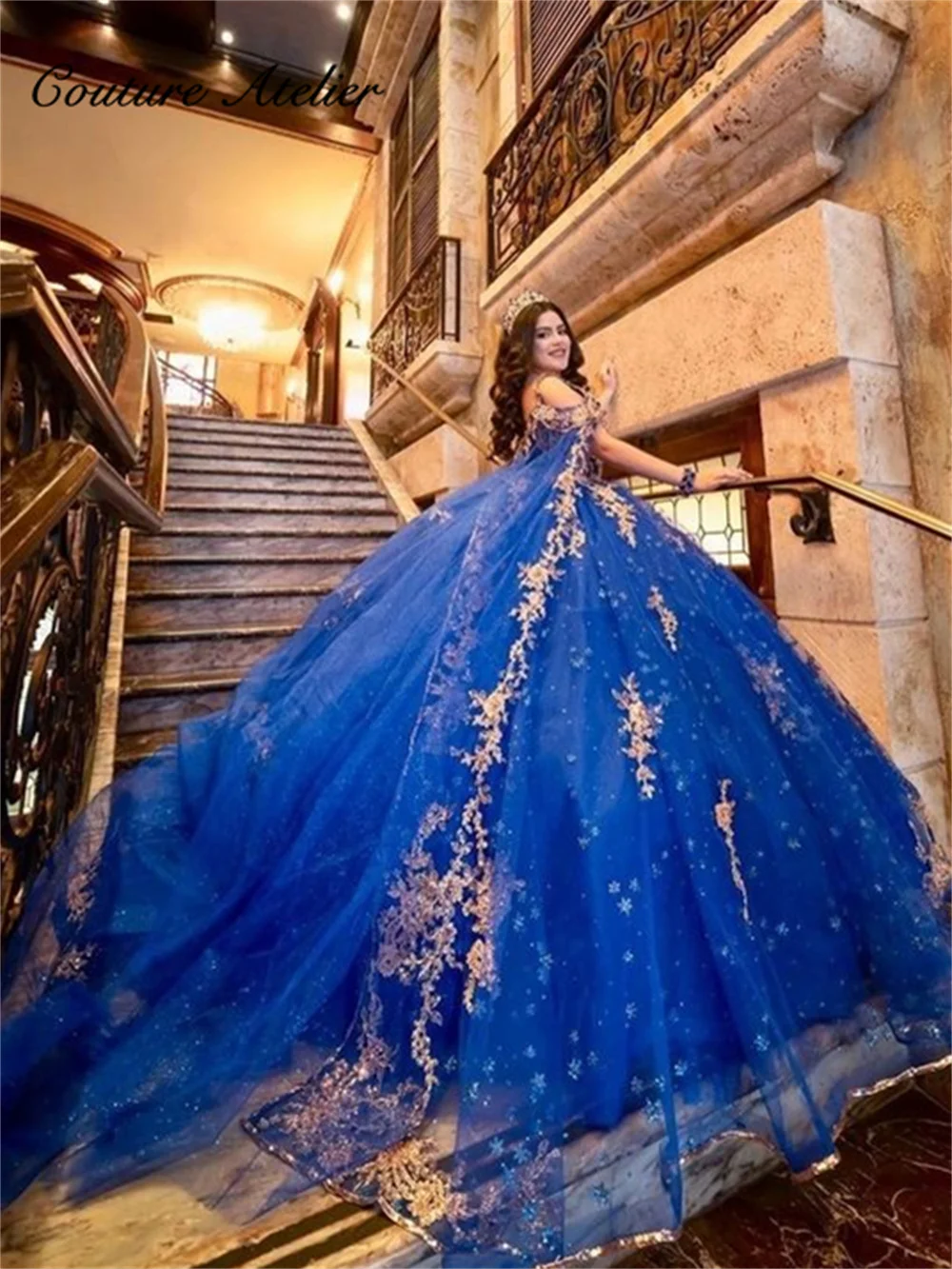 Top Trends: New In Royal Blue Light Gold Lace Appliques Spaghetti Quinceanera Dresses For Girl With Cape Ball Gown Dress For Sweet 15 16 Shoppable Styles