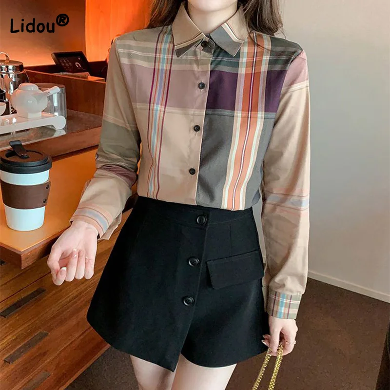 Top Trends: Fashion Women Blouse 2022 New Spring Autumn Turn-down Collar Plaid Printing Long Sleeve Chiffon Buttons Straight Cardigan Shirt Shoppable Styles