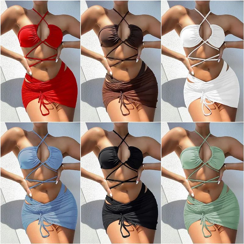 Top Trends: 2023 New 3 Pieces Set Swimsuit Women High Waist Swimwear Sexy Lace Up Micro Bikini Set With Skirt Solid Beachwear Bathing Suit Shoppable Styles